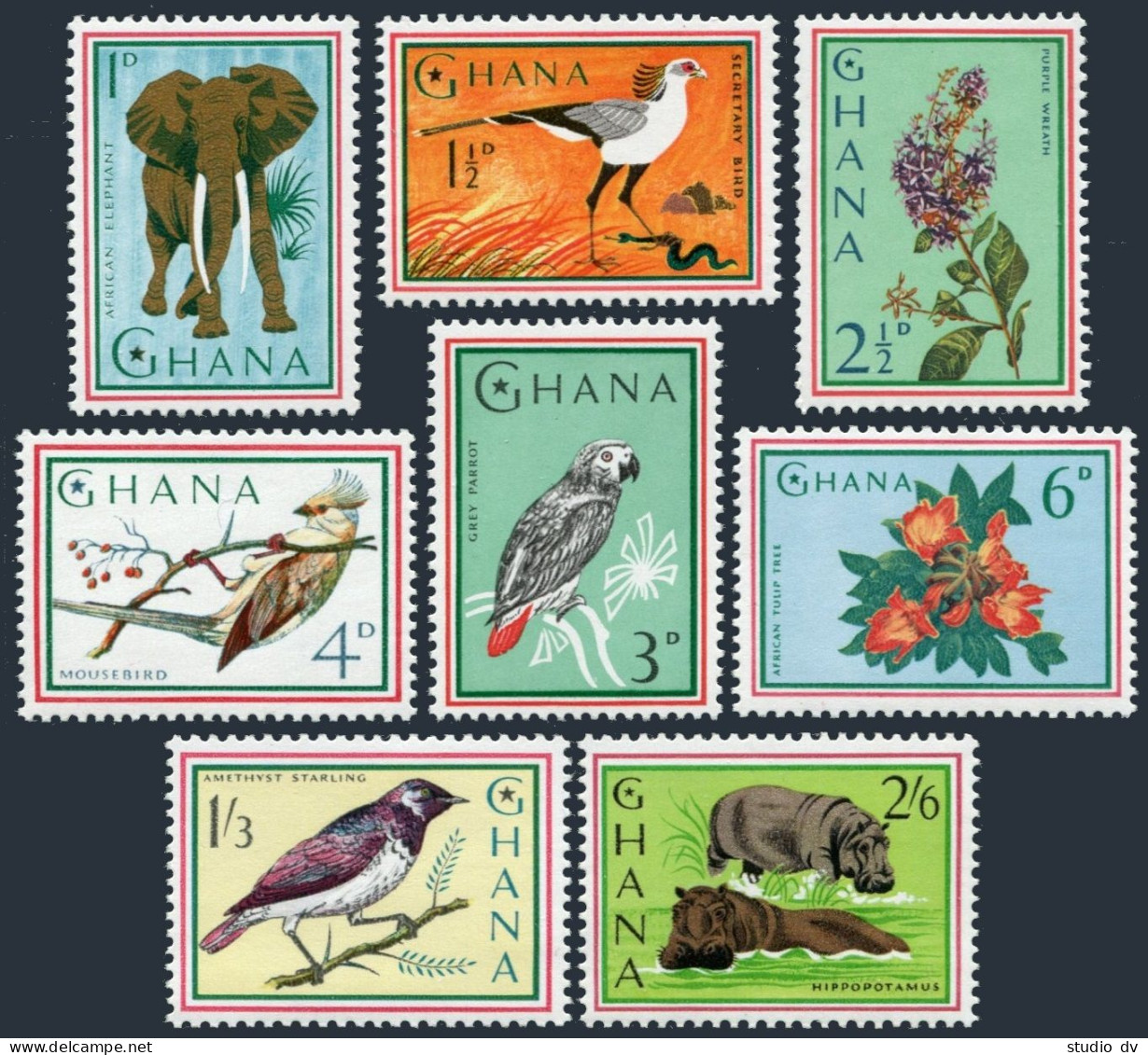 Ghana 192-199, MNH. Mi 198-205. Fauna 1964. Secretary Bird, Elephant, Parrot, - Precancels
