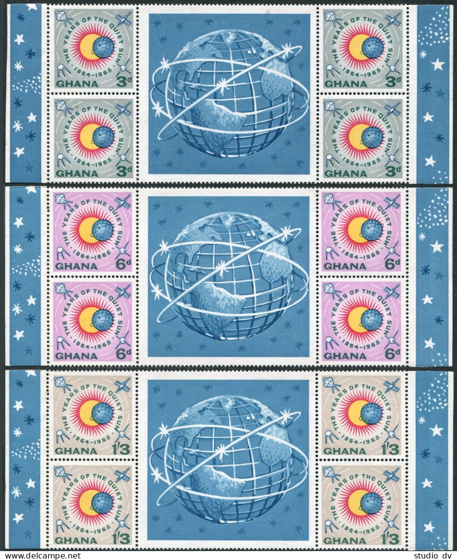 Ghana 186-188 Four Sets/label, MNH. Mi 185-187. Quiet Sun Year IQSY-1964. Space - Préoblitérés