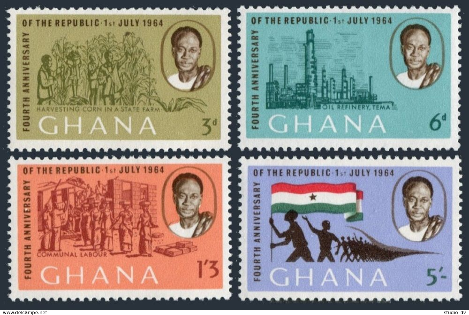 Ghana 167-170,170a Sheet, MNH. Michel 173-176,Bl.10. Nkrumah, Flag, Oil Industry - Voorafgestempeld
