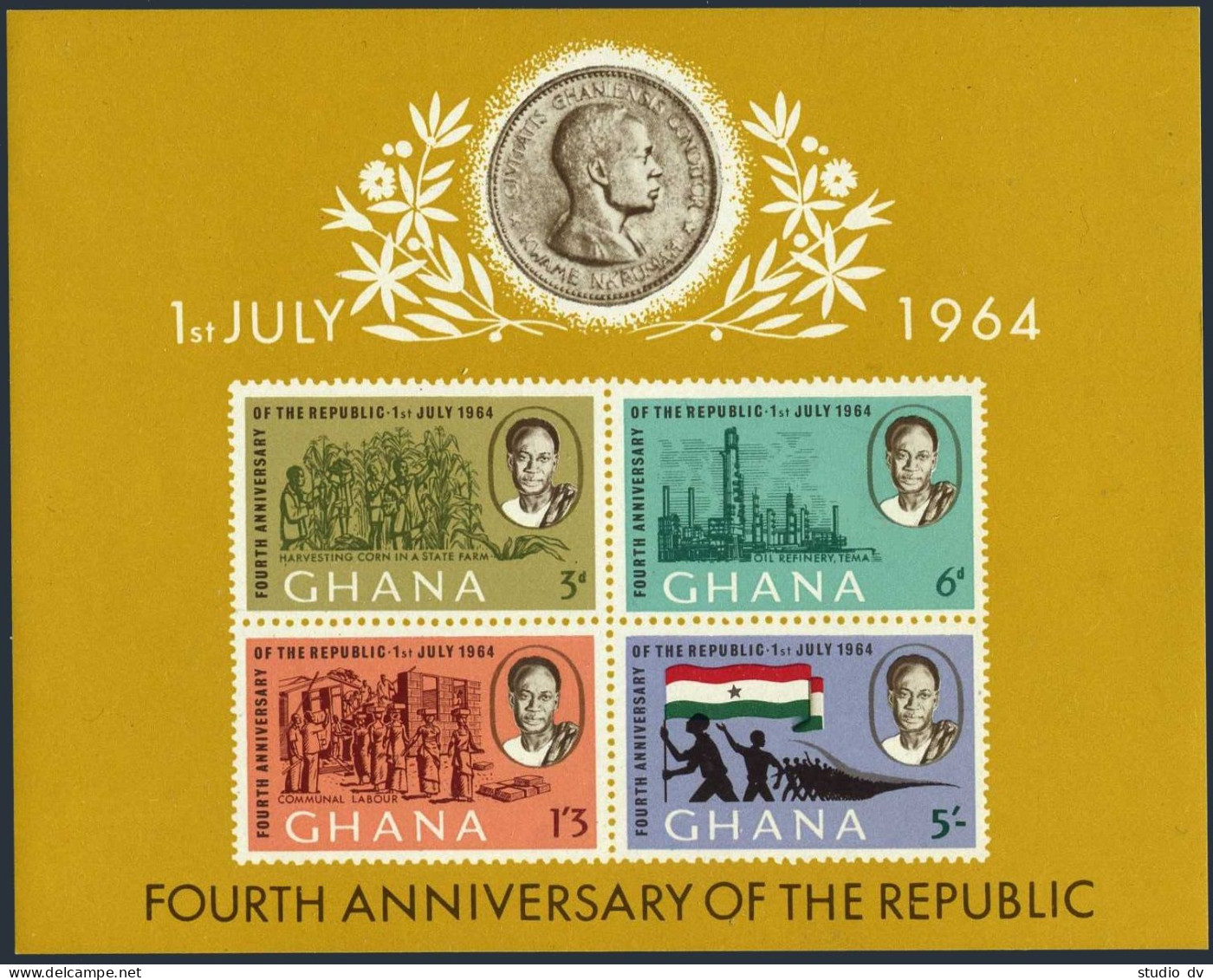 Ghana 167-170,170a Sheet, MNH. Michel 173-176,Bl.10. Nkrumah, Flag, Oil Industry - Préoblitérés