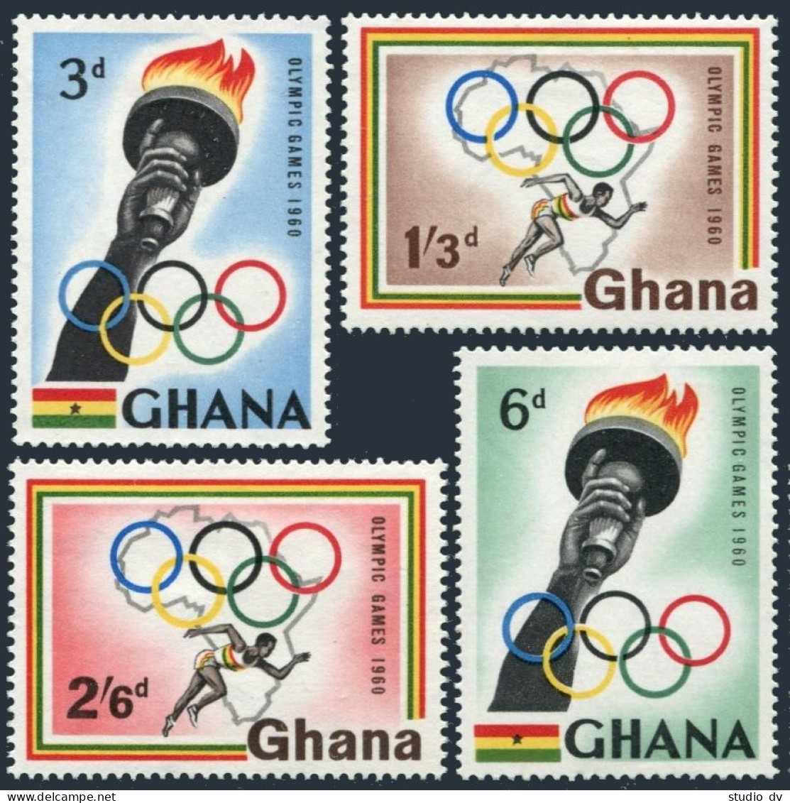Ghana 82-85, MNH. Michel 84-87. Olympics Rome-1960. Torch, Runner, Map. - Voorafgestempeld