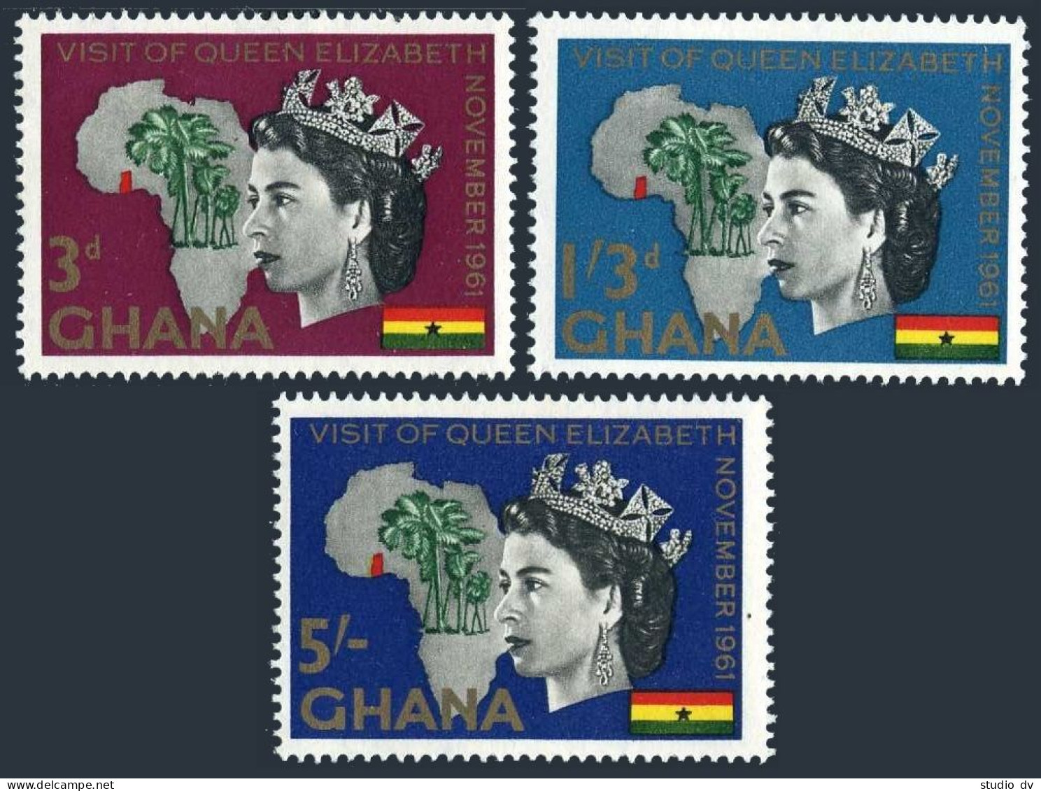 Ghana 107-109,109a,MNH. Mi 109-111,Bl.6. Queen Elizabeth II,visit 1961.Map,Palm. - Precancels