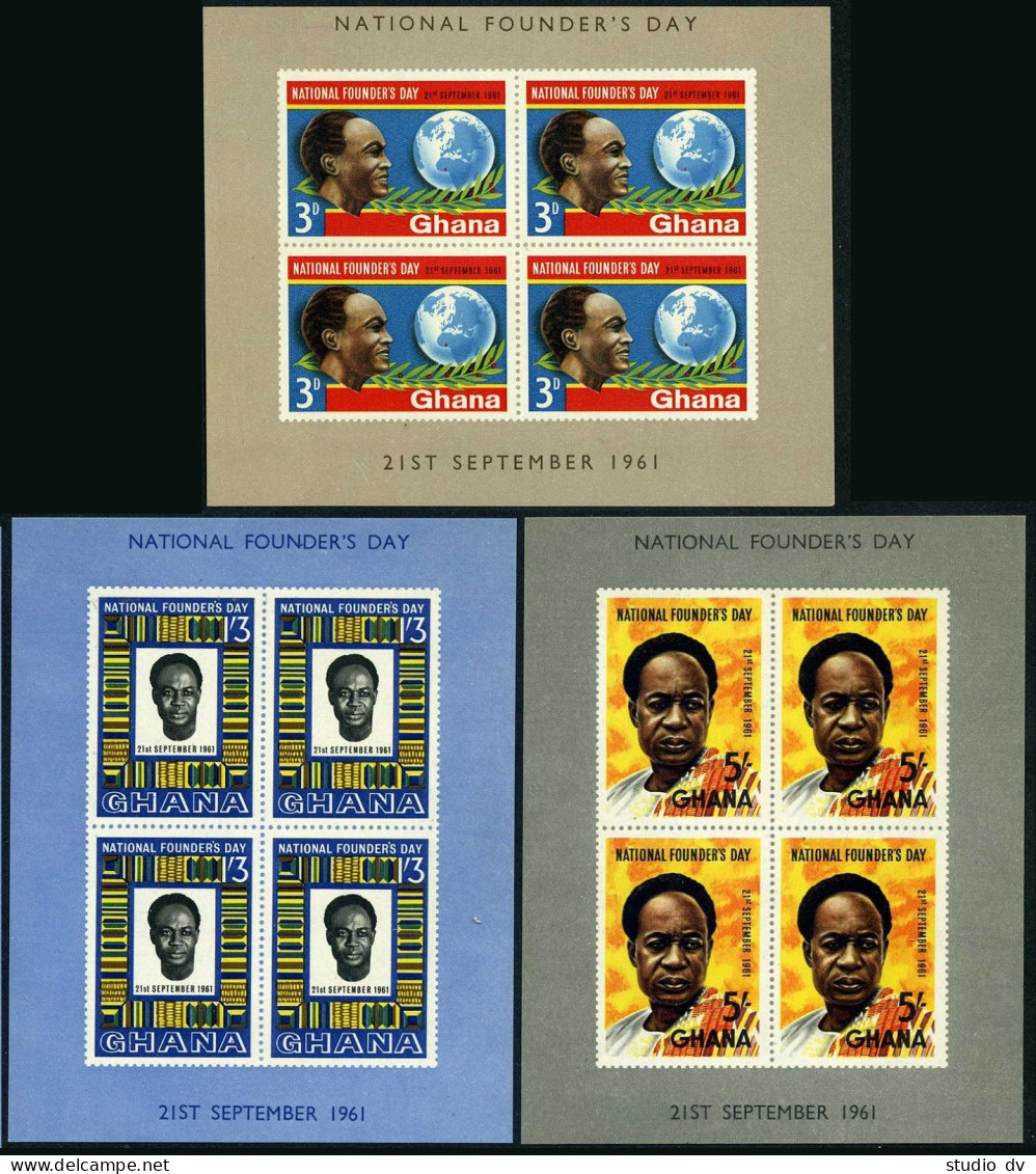 Ghana 104-106,a,hinged. Mi 106-108,Bl.3-6. Founders Day 1961. President Nkrumah. - Voorafgestempeld