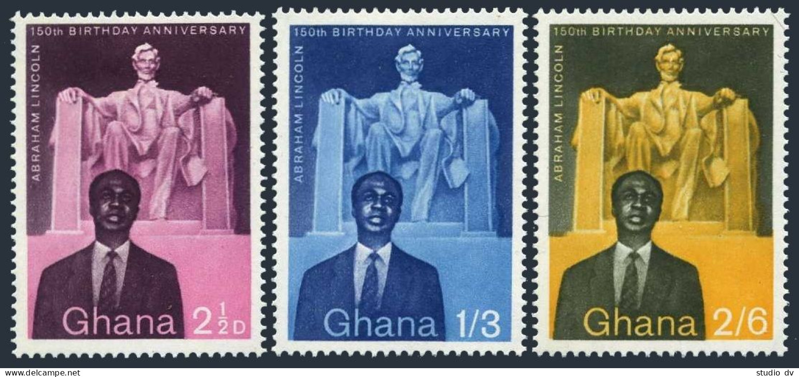 Ghana 39-41, 41a Sheet, MNH. Mi 39-40,Bl.1 Abraham Lincoln. Kwame Nkrumah. 1959. - Precancels