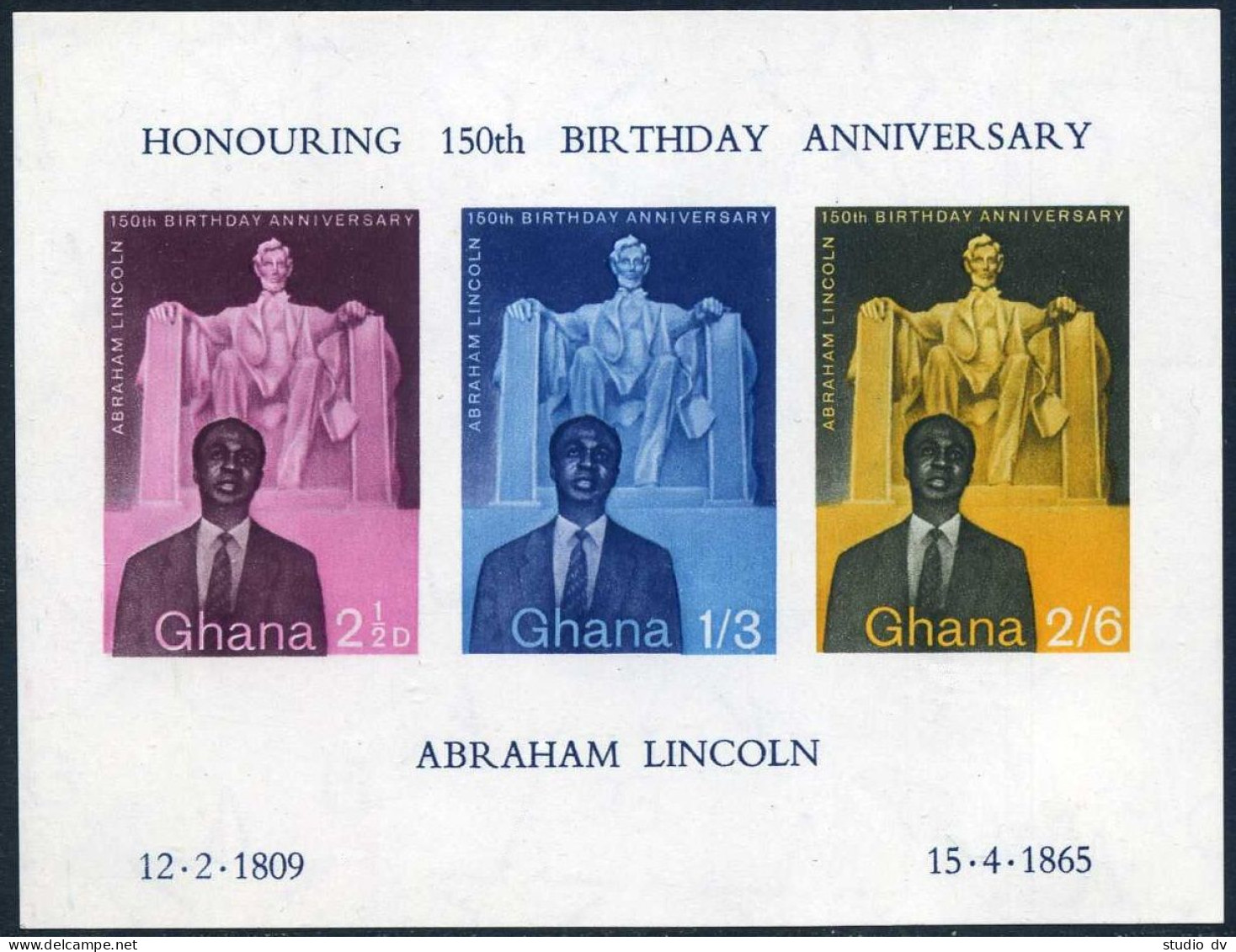 Ghana 39-41, 41a Sheet, MNH. Mi 39-40,Bl.1 Abraham Lincoln. Kwame Nkrumah. 1959. - Préoblitérés