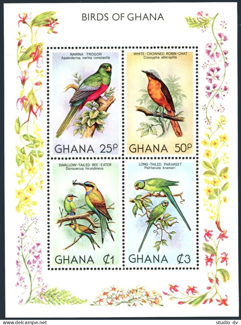 Ghana 750, MNH. Michel Bl.88. Birds 1981. Trogon, Robin-chat,Bee-eater,Parakeet. - Voorafgestempeld