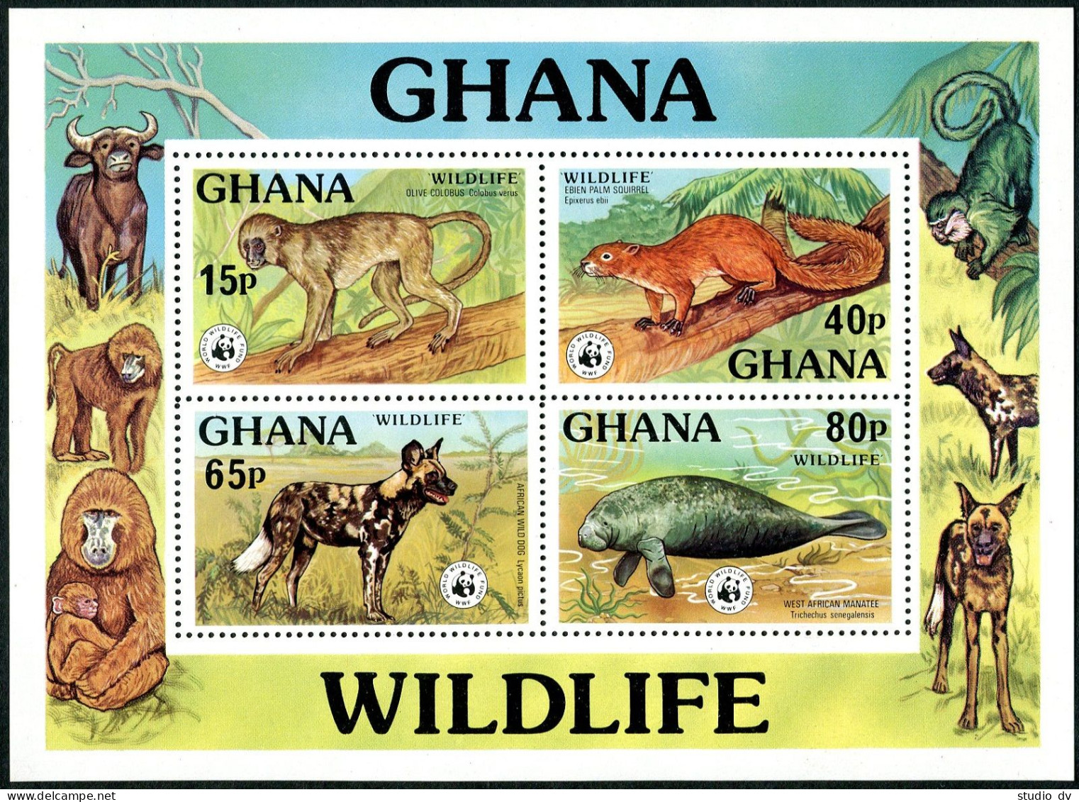 Ghana 625 Ad Sheet, MNH. Mi Bl.71. WWF 1977. Colobus, Squirrel.Wild Dog,Manatee. - Voorafgestempeld