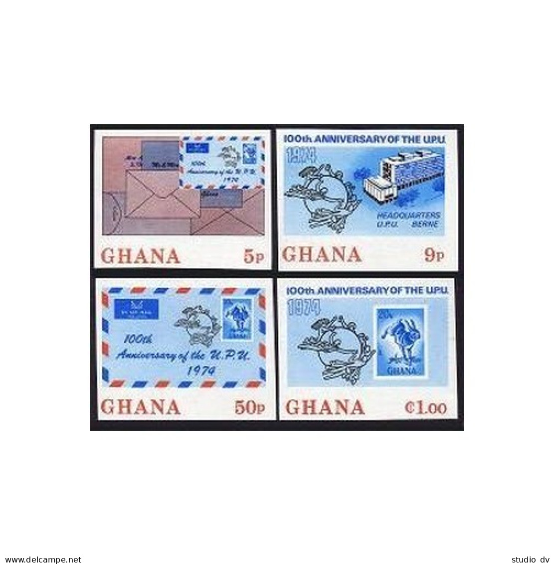 Ghana 512-515 Imperf, MNH. Mi 548B-551B. UPU-100, 1974. Cape Hare, Headquarters. - Precancels