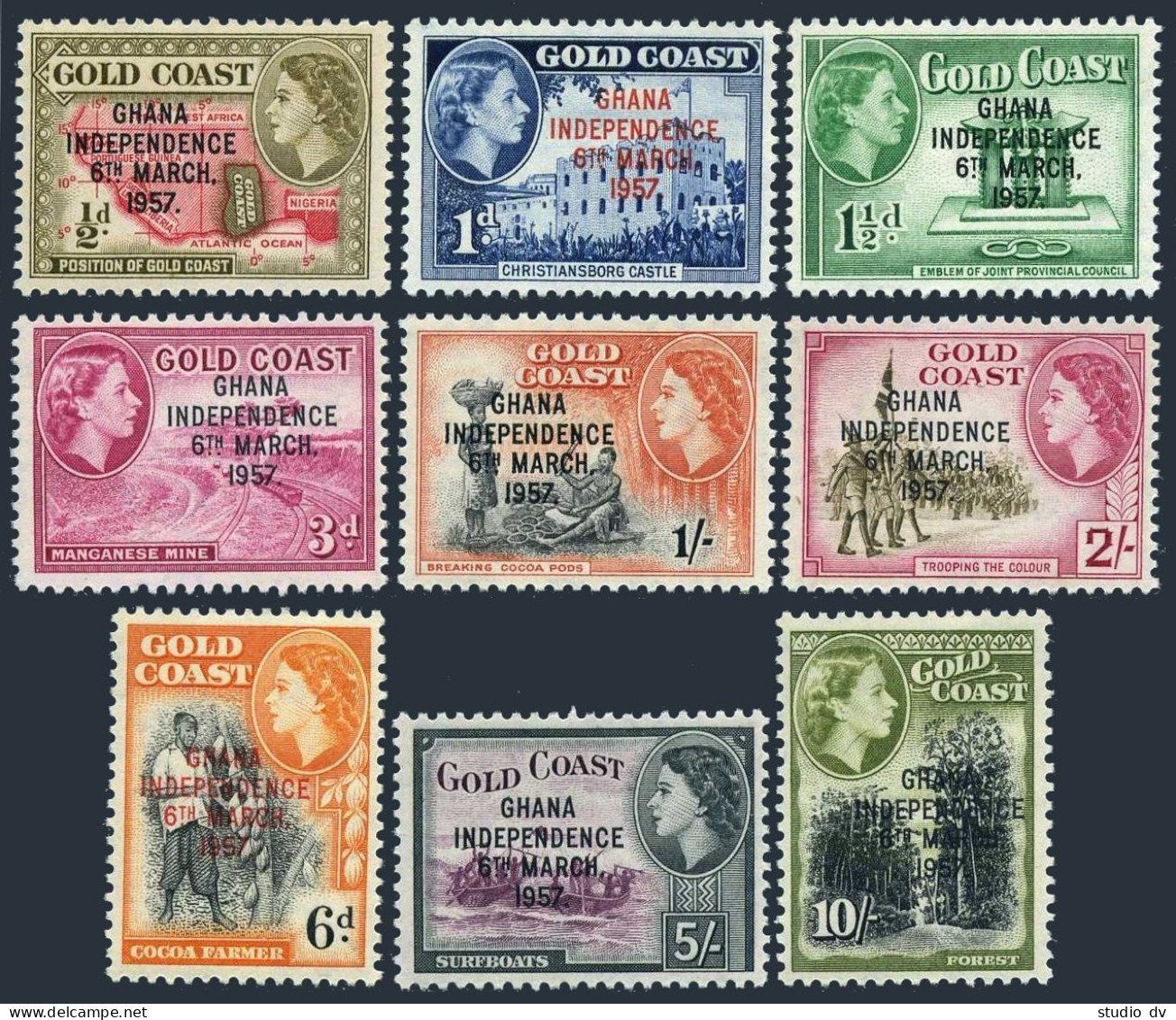 Ghana 5-13, 25-27, MNH. Mi 5-16. GHANA INDEPENDENCE 6th MARCH 1957, Map, Castle, - Precancels