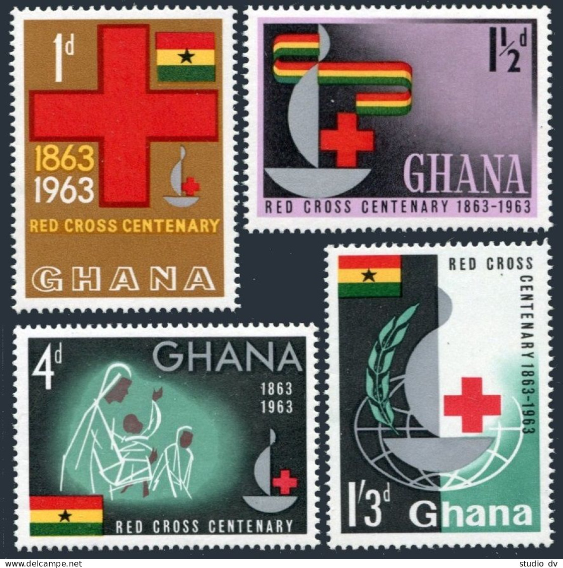 Ghana 139-142, 142a Sheet, MNH. Michel 145-148, Bl.8. Red Cross Centenary, 1963. - Voorafgestempeld