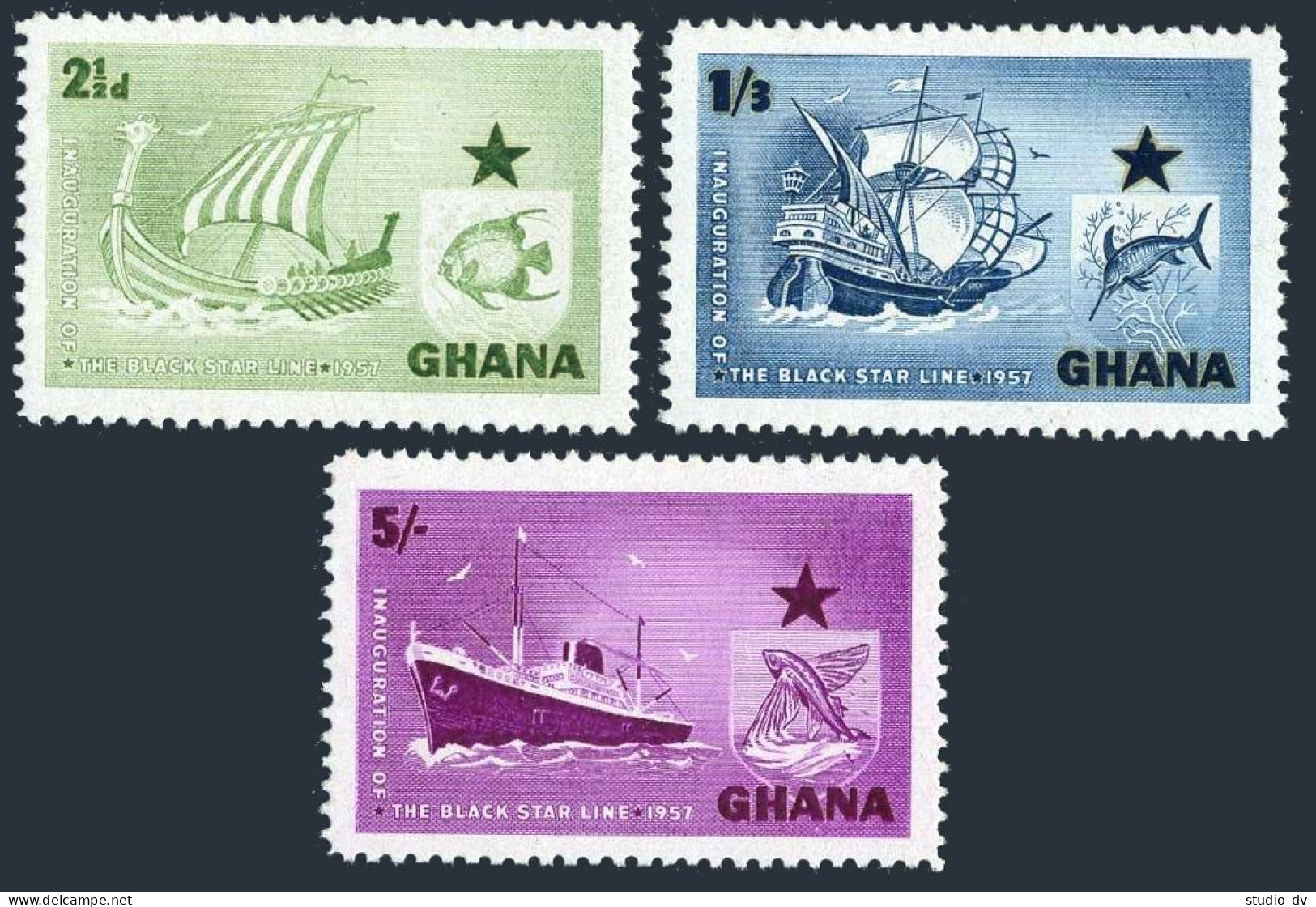 Ghana 14-16, MNH. Michel 17-19. Black Star Line, Ships, Fish. - Préoblitérés