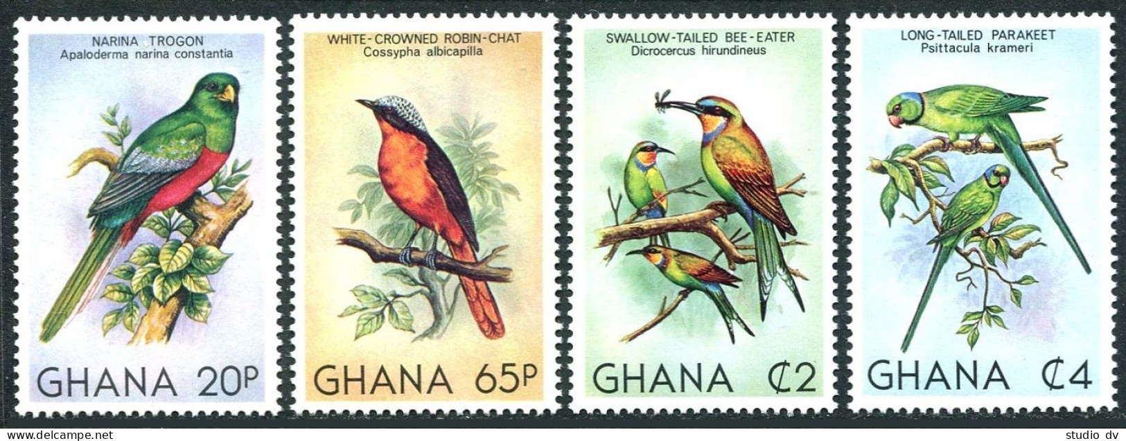 Ghana 746-749,750 Ad,MNH. Mi 872-875, Bl.88. Birds 1981. Narina Trogon, Parakeet - Precancels