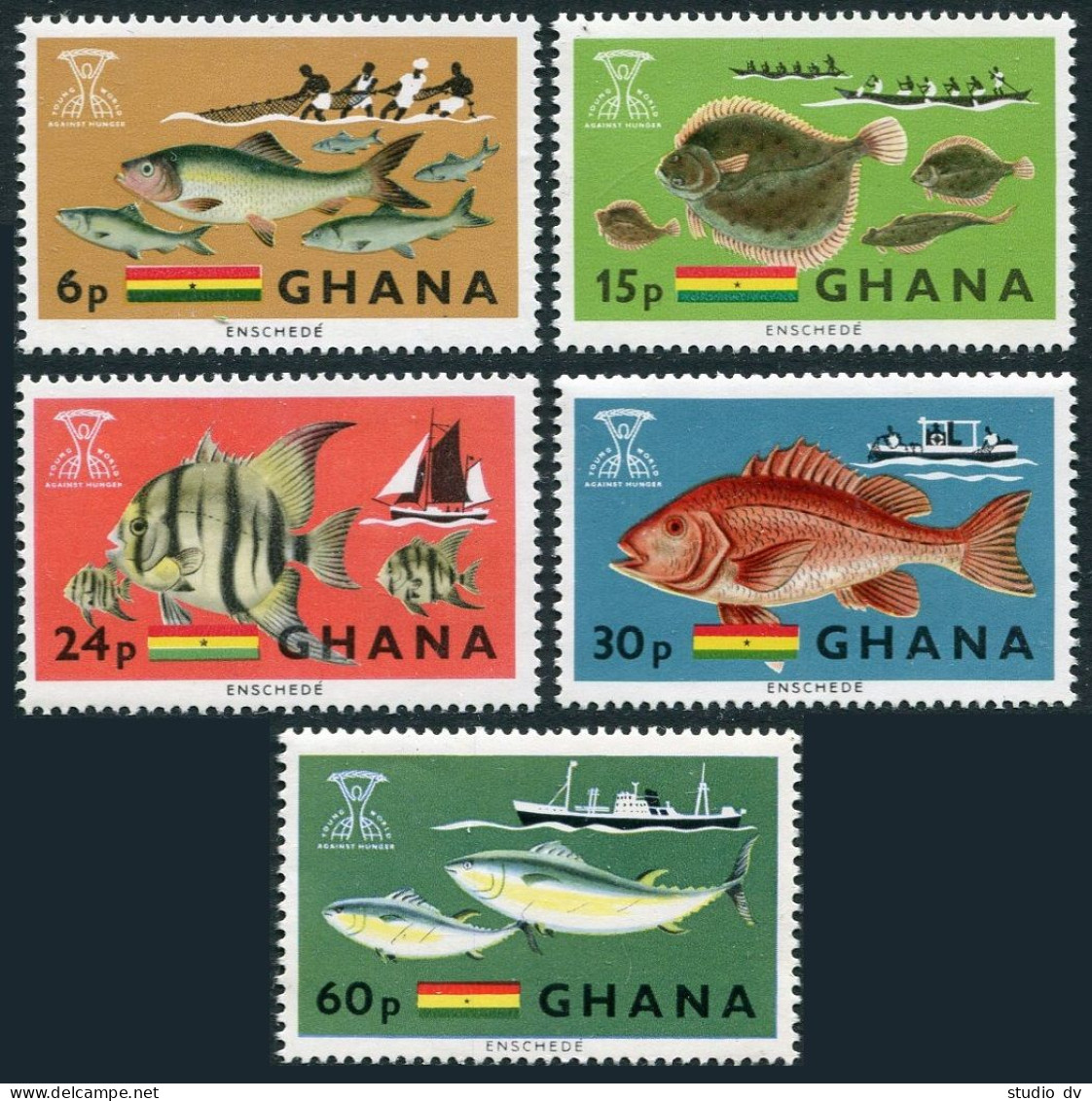 Ghana 251-255, 254a, MNH. Mi 261-265, Bl.21. FAO 1966. Fish, Fishing, Trawler, - Voorafgestempeld