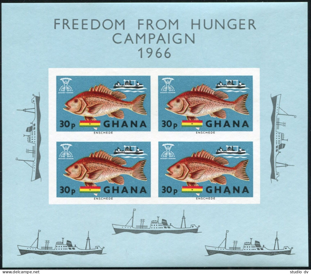Ghana 251-255, 254a, MNH. Mi 261-265, Bl.21. FAO 1966. Fish, Fishing, Trawler, - Precancels