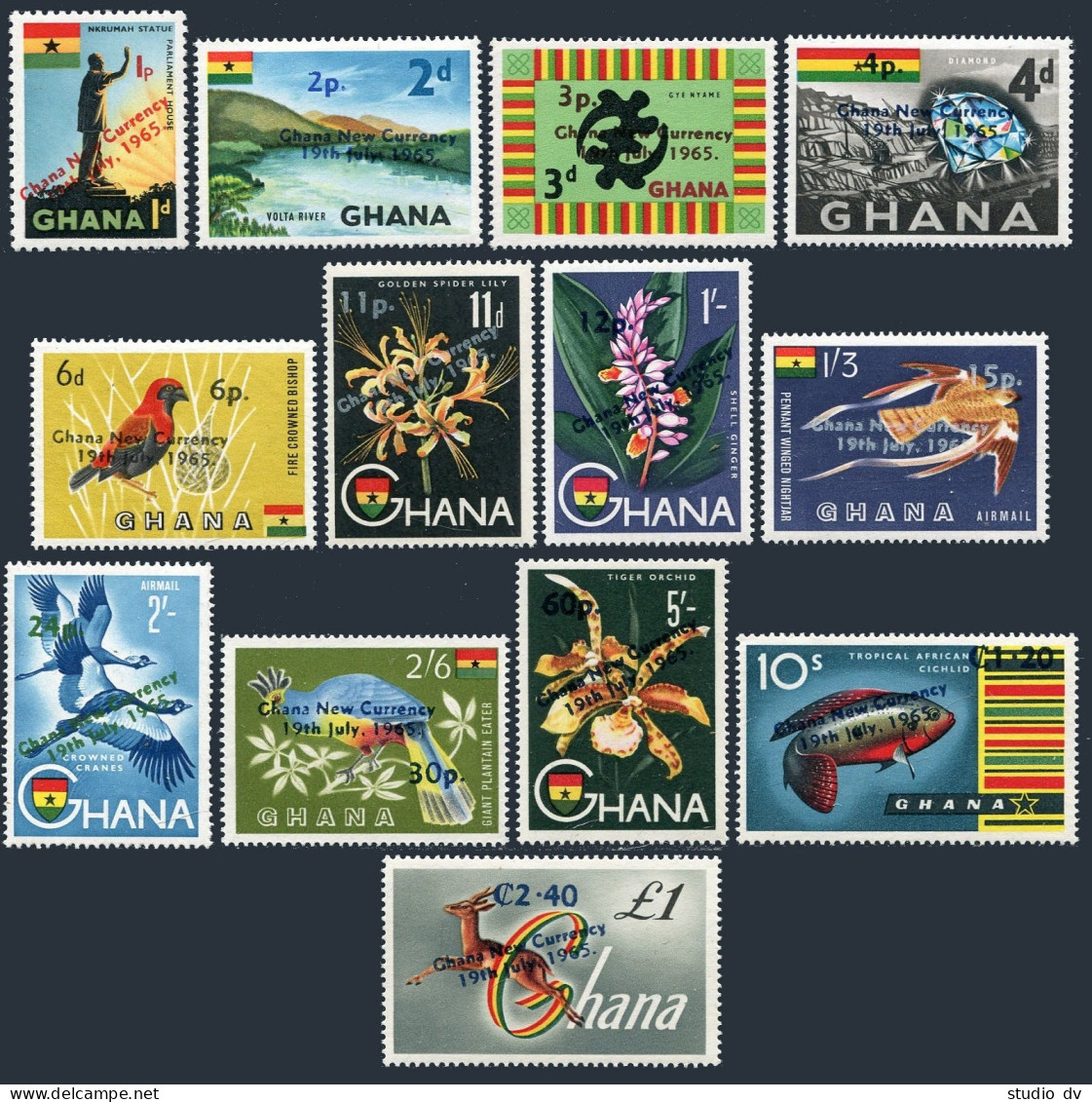 Ghana 216-226,C7-C8, MNH. Mi 224-236. New Value In 1965. Birds, Cacao, Gazelle, - Precancels