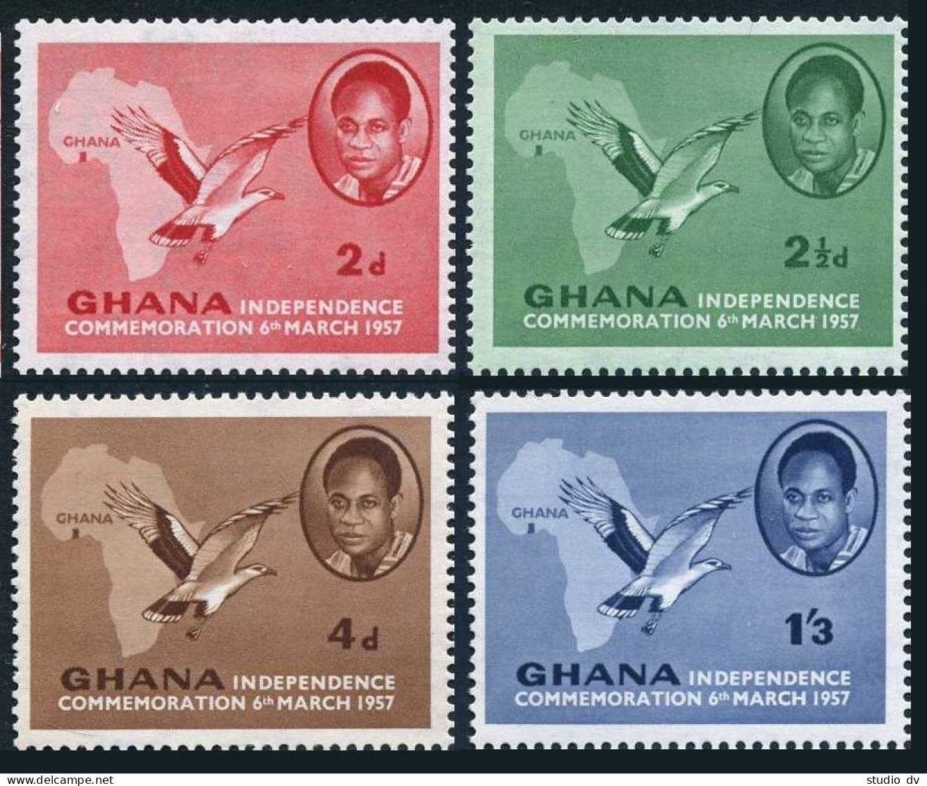 Ghana 1-4,MNH. Michel 1-4. Independence,1957.Kwame Nkrumah,Pulm-nut Vulture,Map. - Precancels