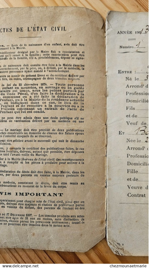 1913 OPOUL LIVRET DE FAMILLE Puly Né à St Laurent De Cerdans Cerclier Et Boneu Antoinette - Historische Dokumente