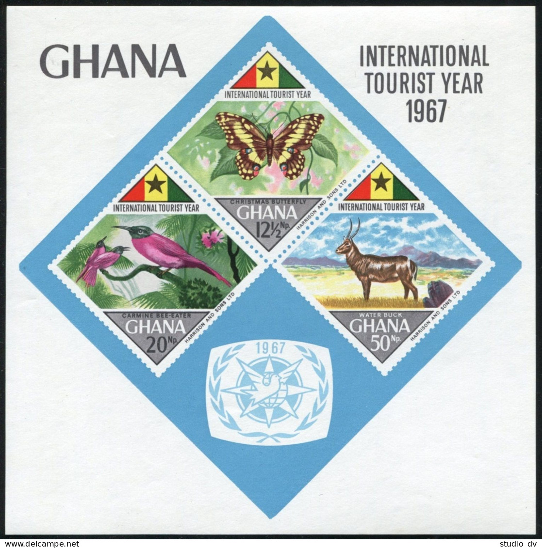 Ghana 315-318,318a,MNH. Mi 326-329,Bl.29. Bee-eater,Butterfly,Waterbuck,Leopard. - Precancels