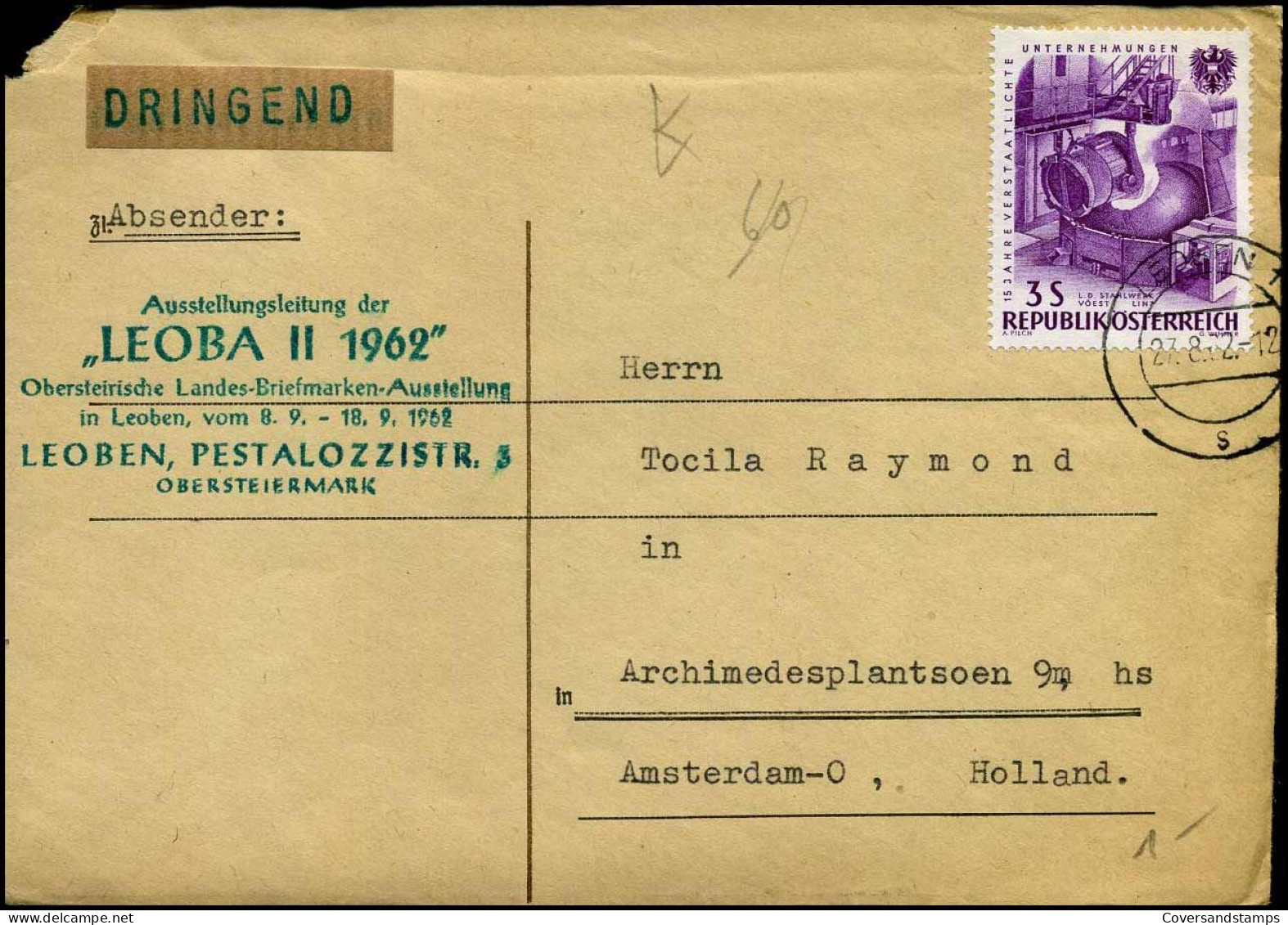 Cover To Amsterdam, Netherlands - "Ausstellungsleitung Der 'Leoba II 1962'" - Lettres & Documents