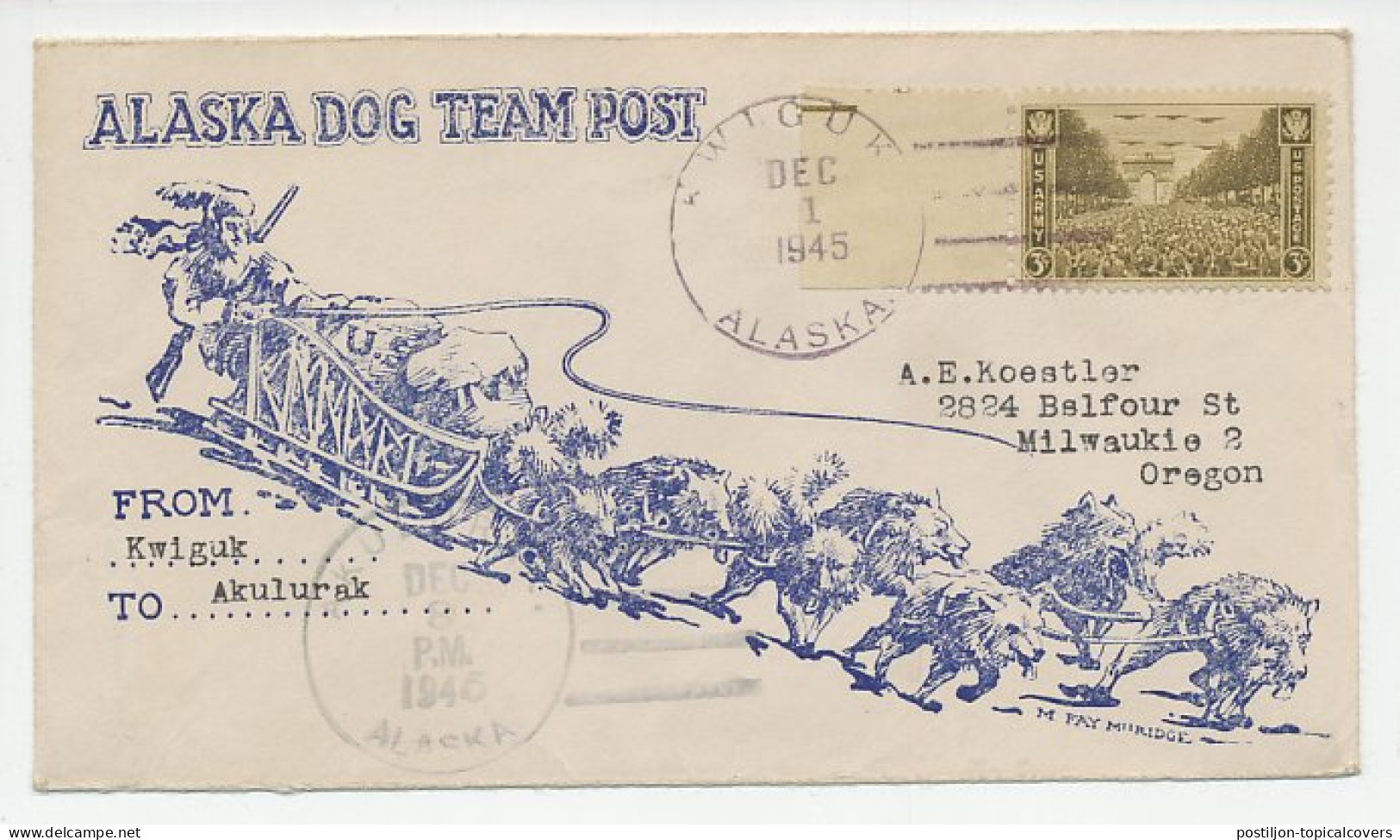 Cover / Postmark USA 1945 Alaska Dog Team Post - Kwiguk - Expéditions Arctiques