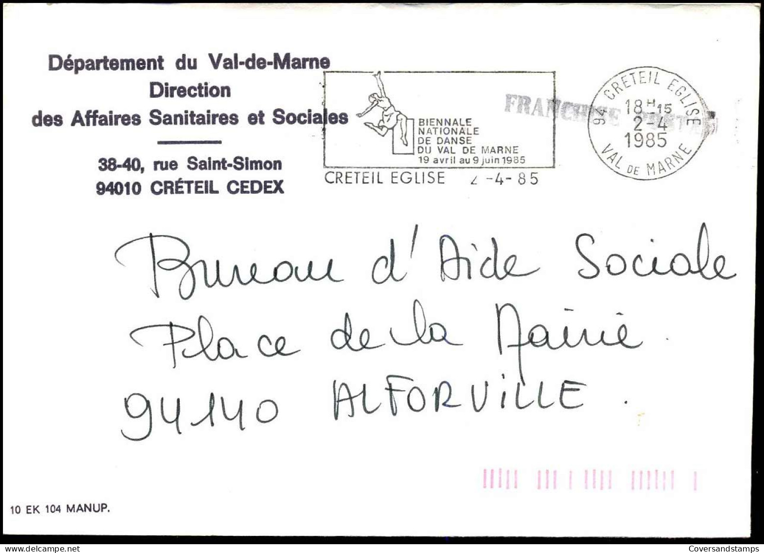 Cover To Alforville - "Département Du Val-de-Marne, Direction Des Affaires Sanitaires Et Sociales" - Cartas & Documentos