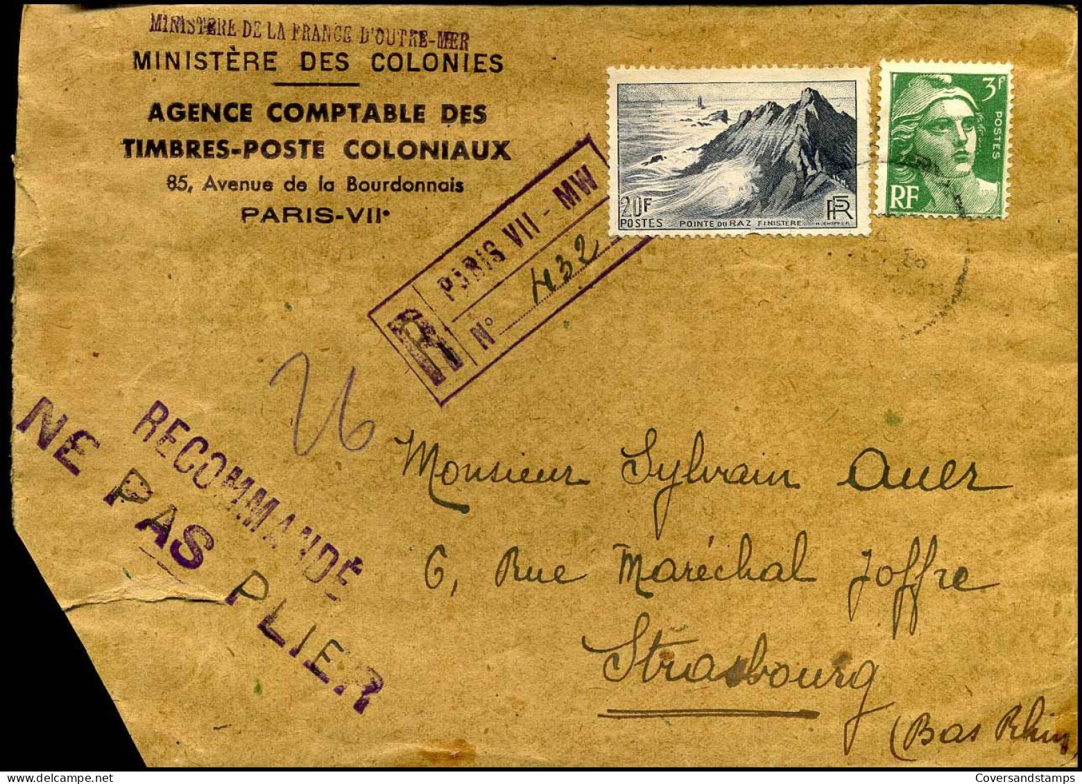 Registered Cover To Strasbourg - "Ministère Des Colonies, Agence Comptable Des Timbres-poste Coloniaux" - Covers & Documents