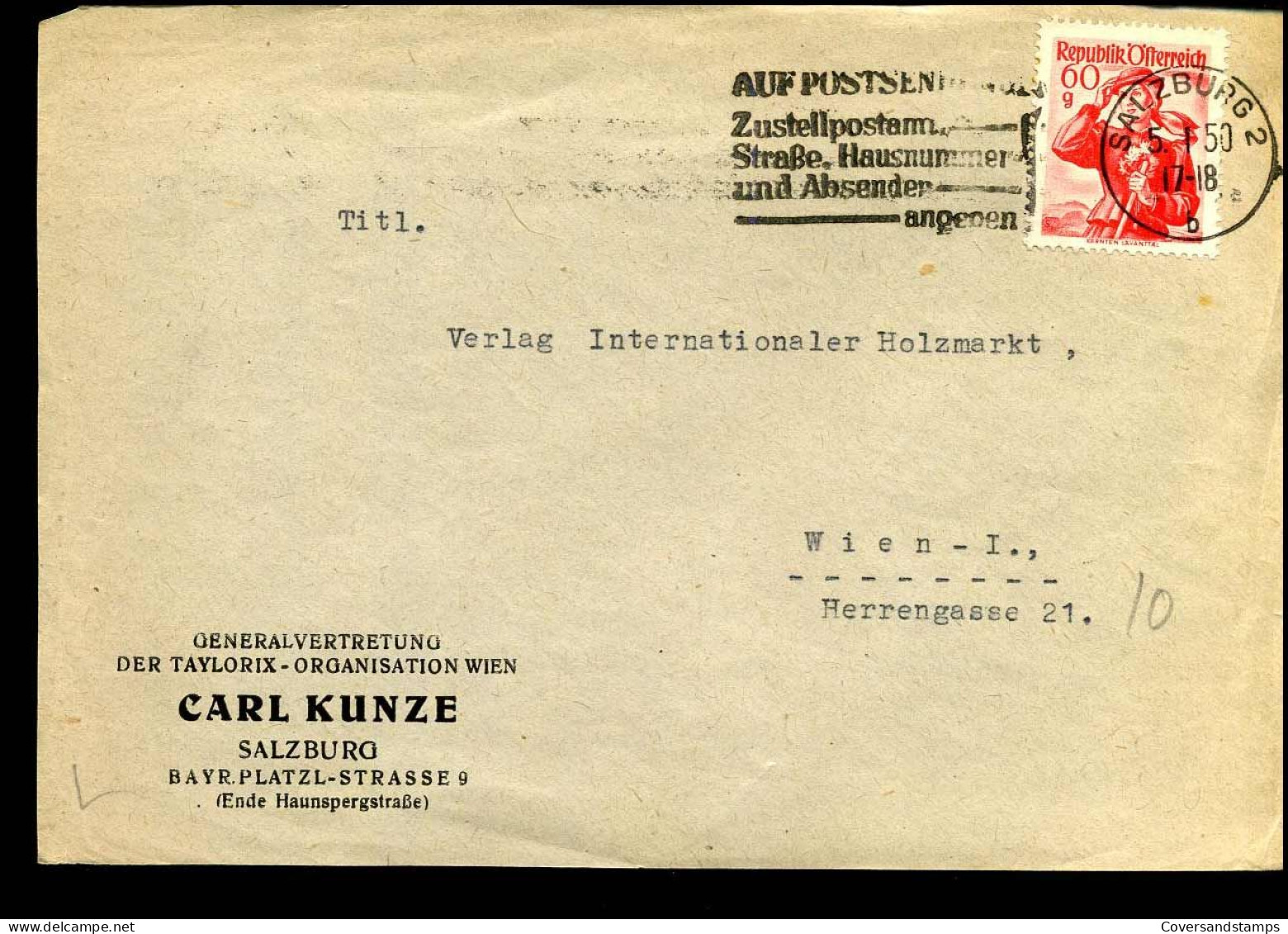 Coverfront To Wien - "Generalvertretung Der Taylorix Organisation Wien - Carl Kunze" - Lettres & Documents