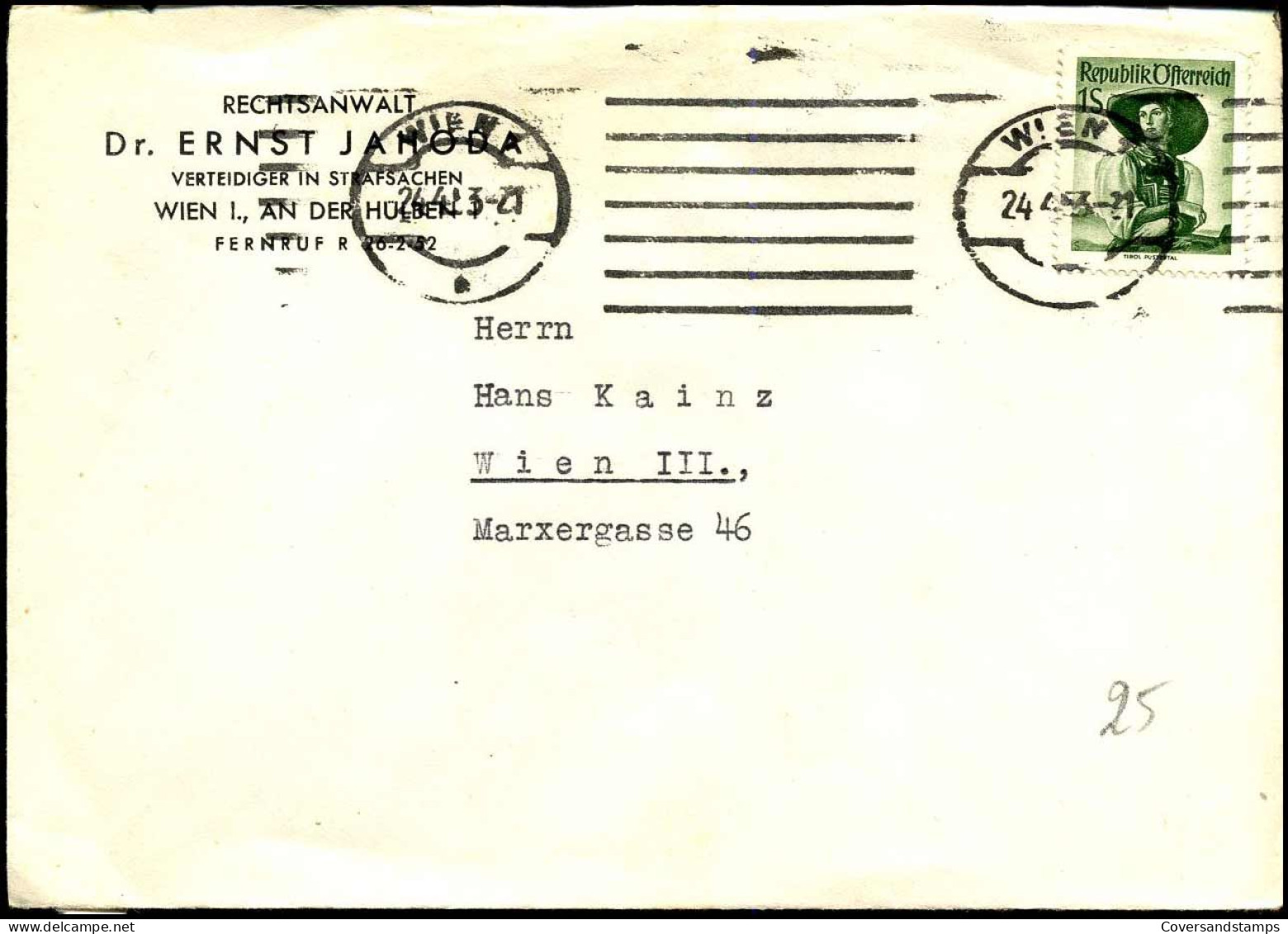 Cover To Wien - "Rechtsanwalt Dr. Ernst Jahoda, Verteidiger In Strafsachen" - Lettres & Documents