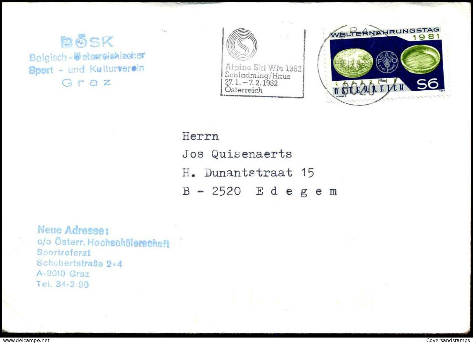 Cover To Edegem, Belgium - "BÖSK - Belgisch-Österreichischer Sport- Und Kulturverien Graz" - Covers & Documents