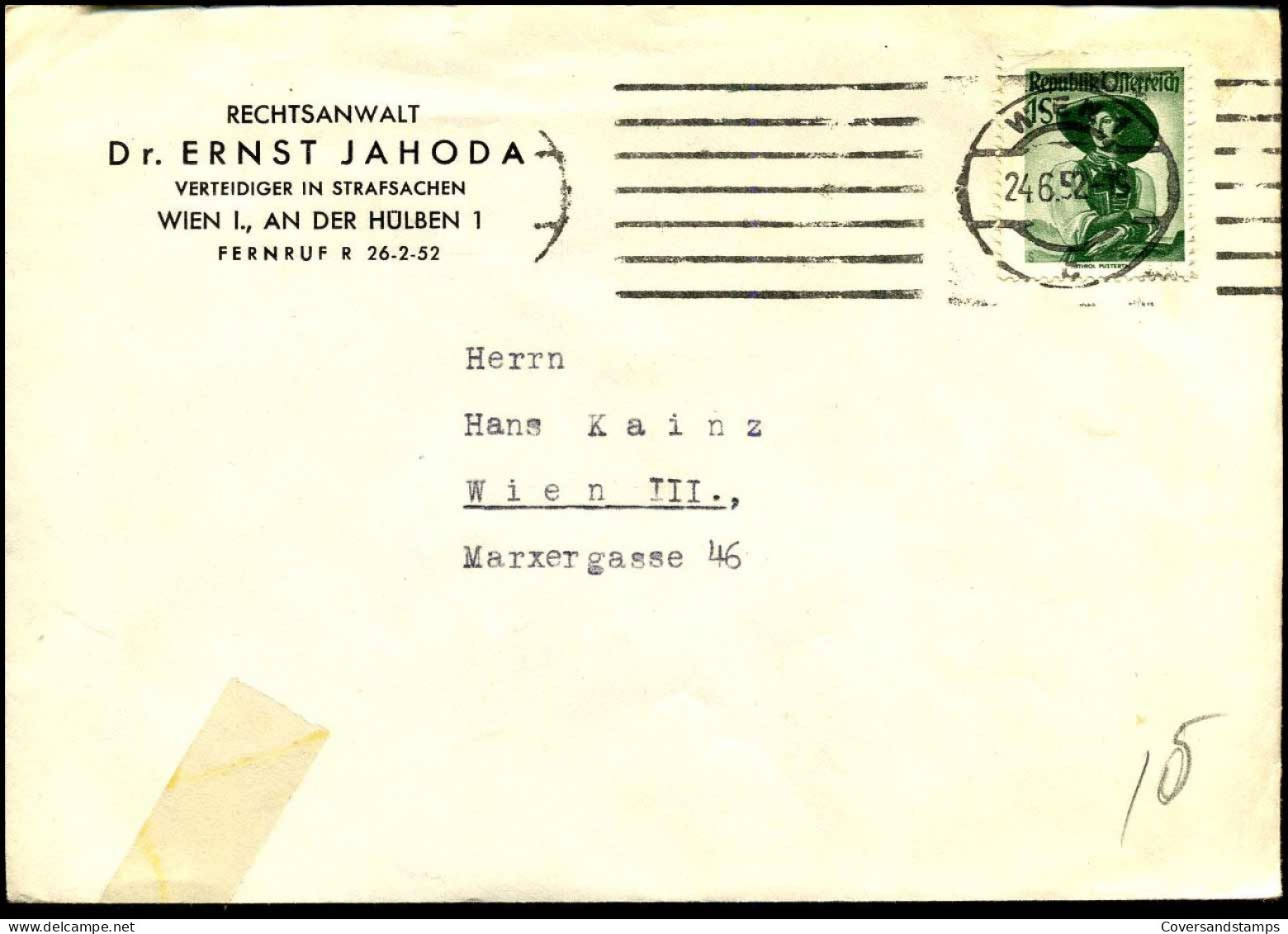 Cover To Wien - "Rechtsanwalt Dr. Ernst Jahoda, Verteidiger In Strafsachen" - Covers & Documents