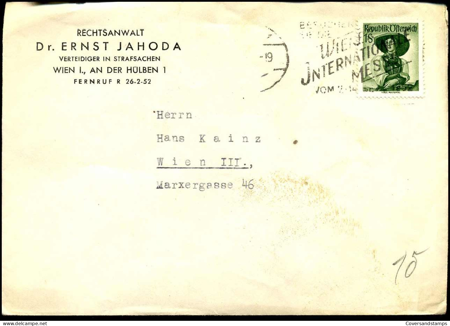Cover To Wien - "Rechtsanwalt Dr. Ernst Jahoda, Verteidiger In Strafsachen" - Lettres & Documents