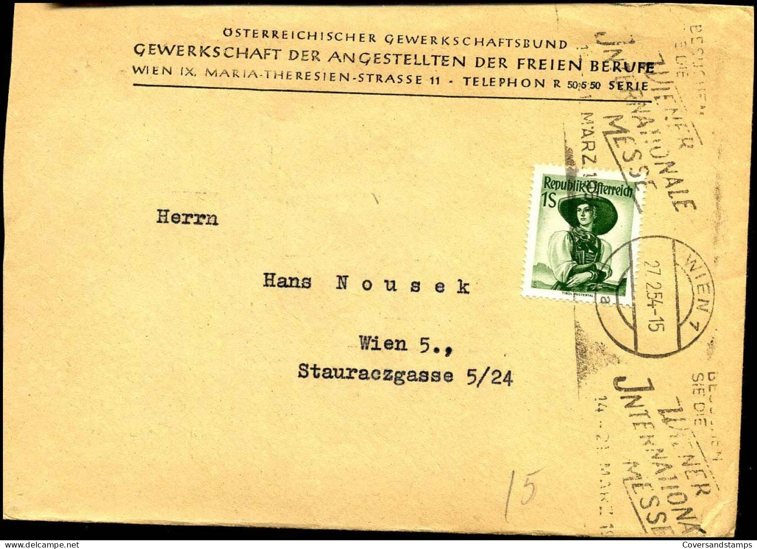 Cover To  Wien - "Österreichischer Gewerkschaftsbund, Gewerkschaft Der Angestellten Der Feien Berufe, Wien" - Covers & Documents