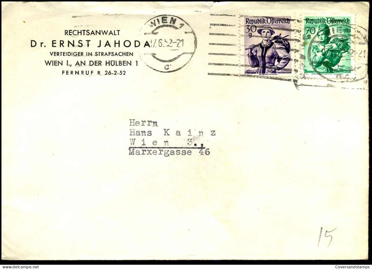 Cover To Wien - "Rechtsanwalt Dr. Ernst Jahoda, Verteidiger In Strafsachen, Wien" - Briefe U. Dokumente