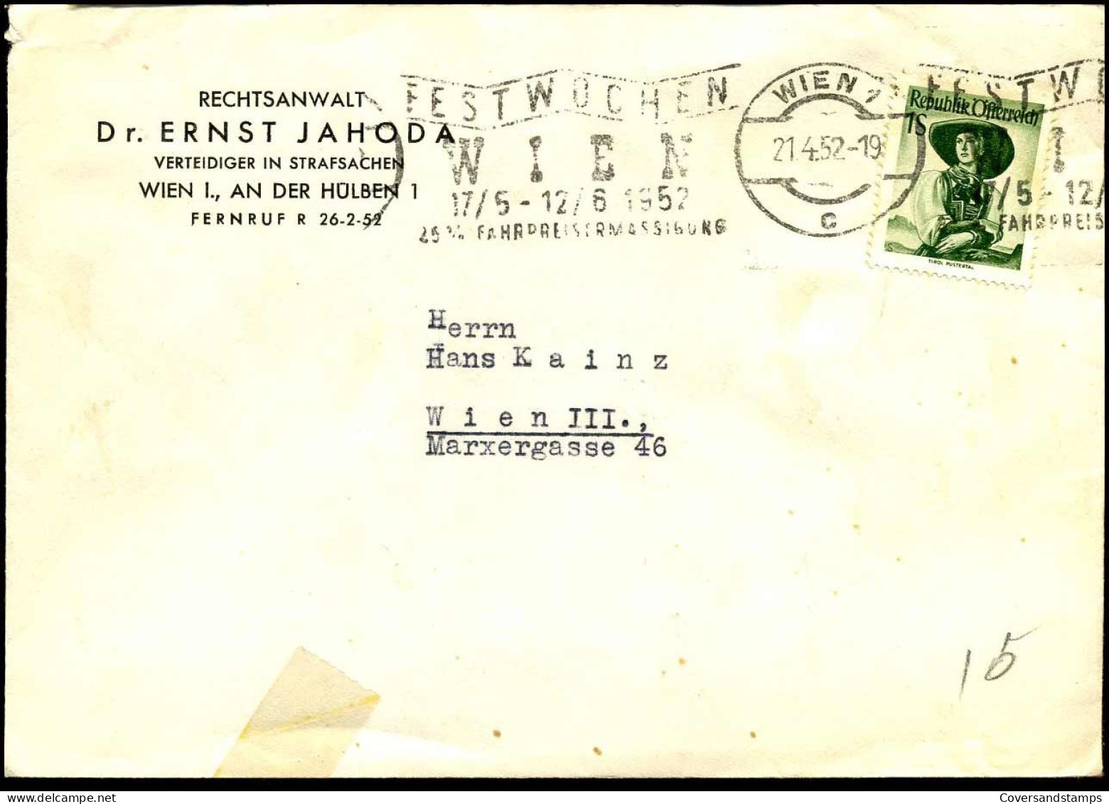 Cover To Wien - "Rechtsanwalt Dr. Ernst Jahoda, Verteidiger In Strafsachen" - Covers & Documents