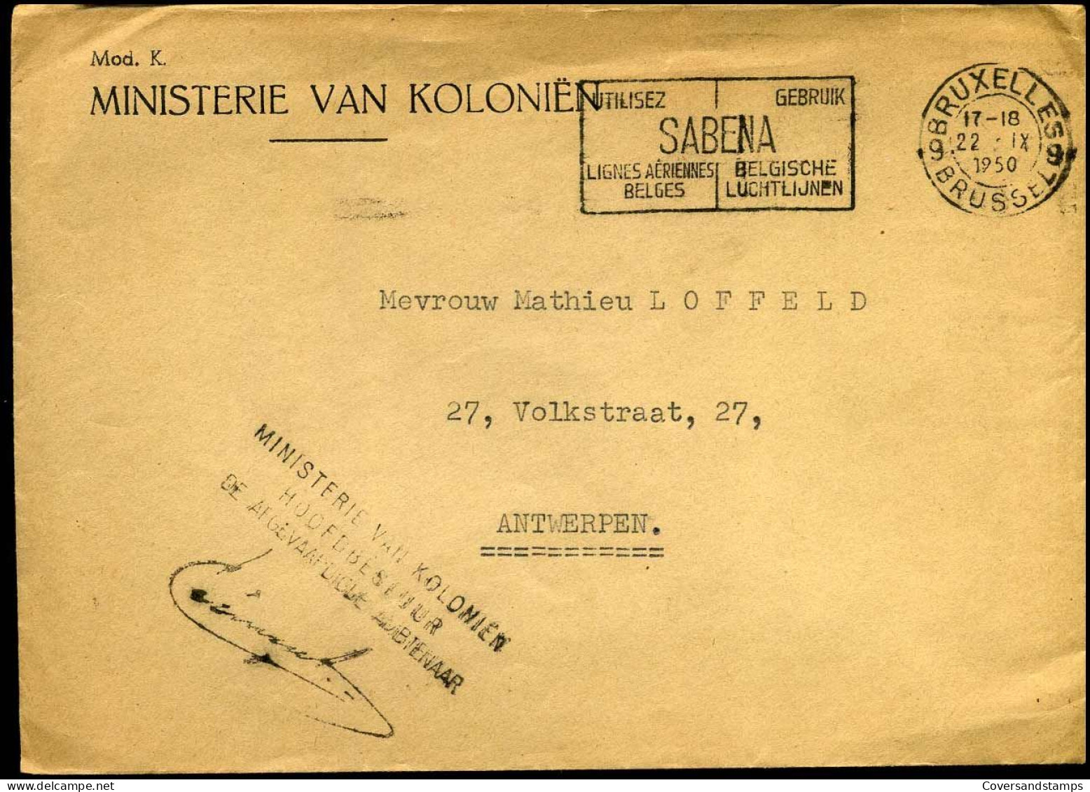 Cover - "Ministerie Van Koloniën" - Covers & Documents