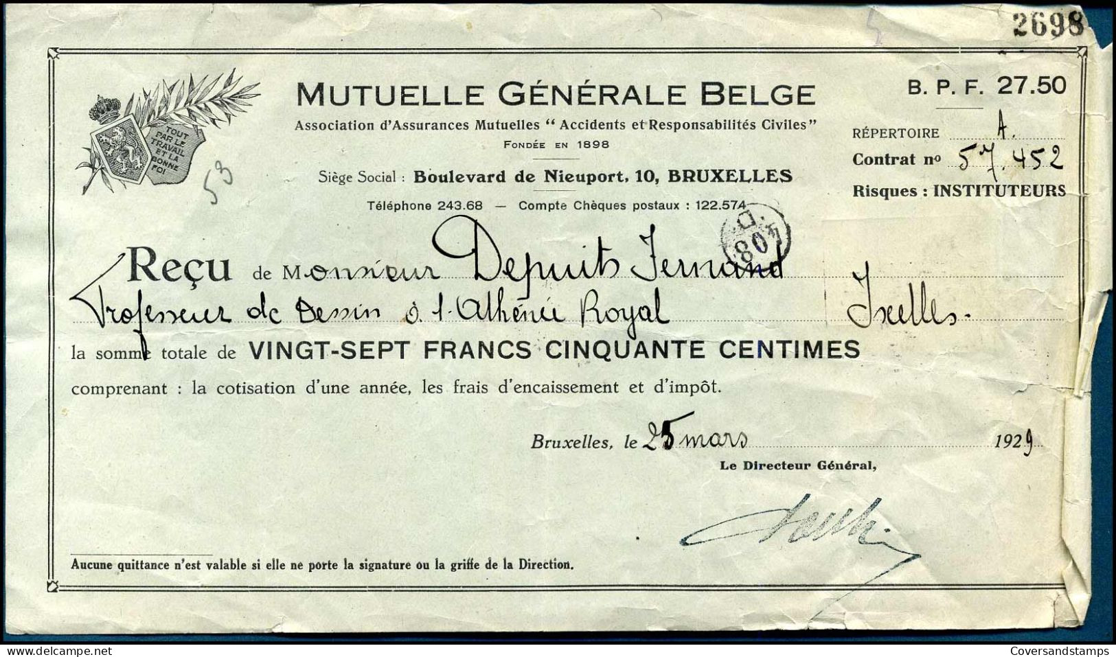 Kwitantie / Quittance - Mutuelle Générale Belge - 1922-1927 Houyoux