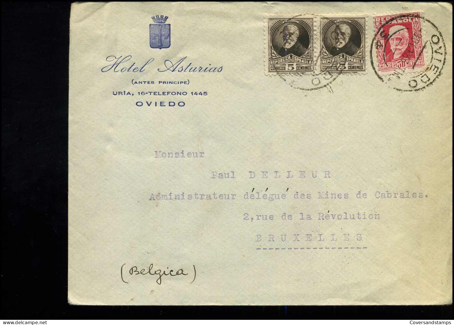 Cover To Brussels, Belgium - "Hotel Asturias, Oviedo" - Covers & Documents