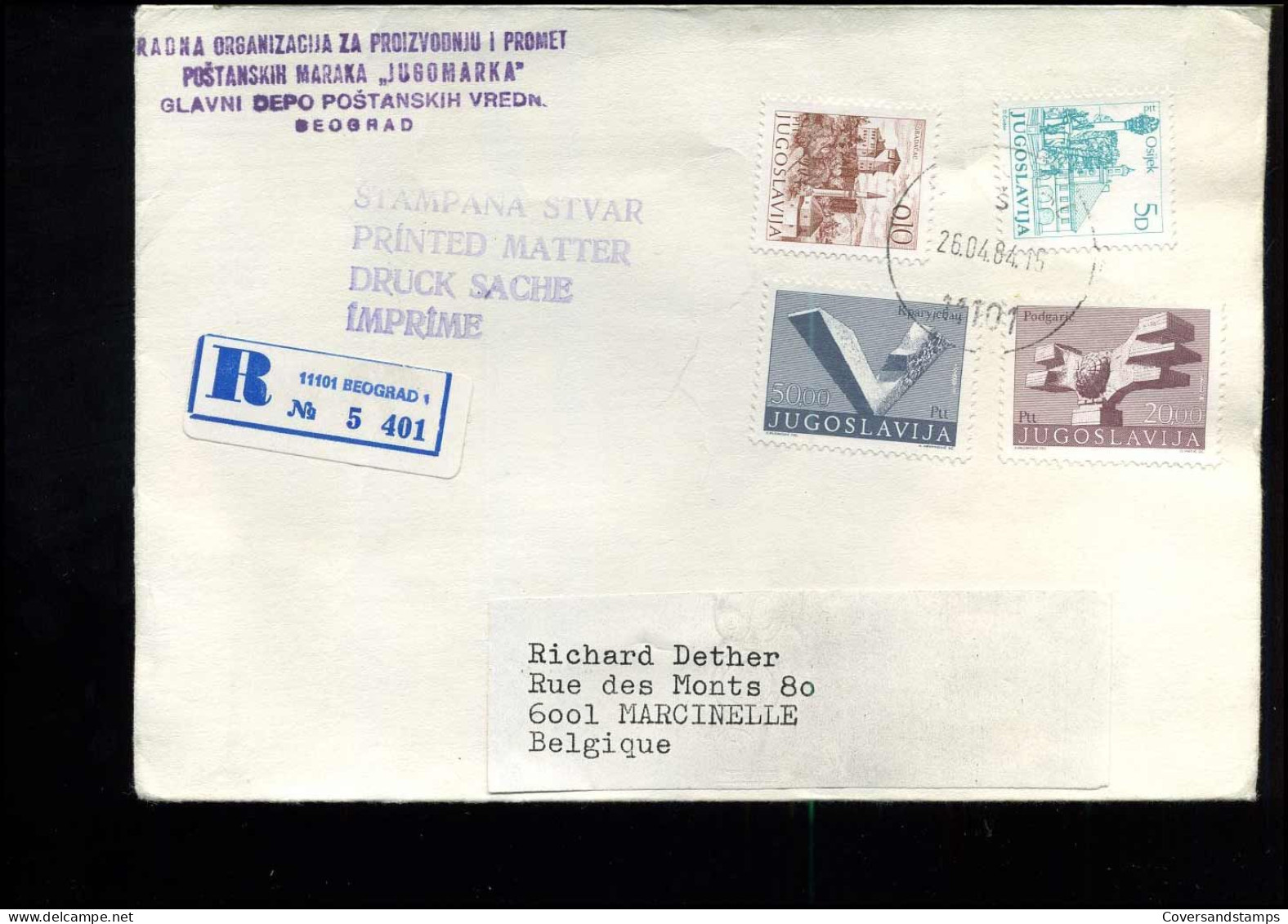 Registered Cover From Yugoslavia To Marcinelle, Belgium - Covers & Documents