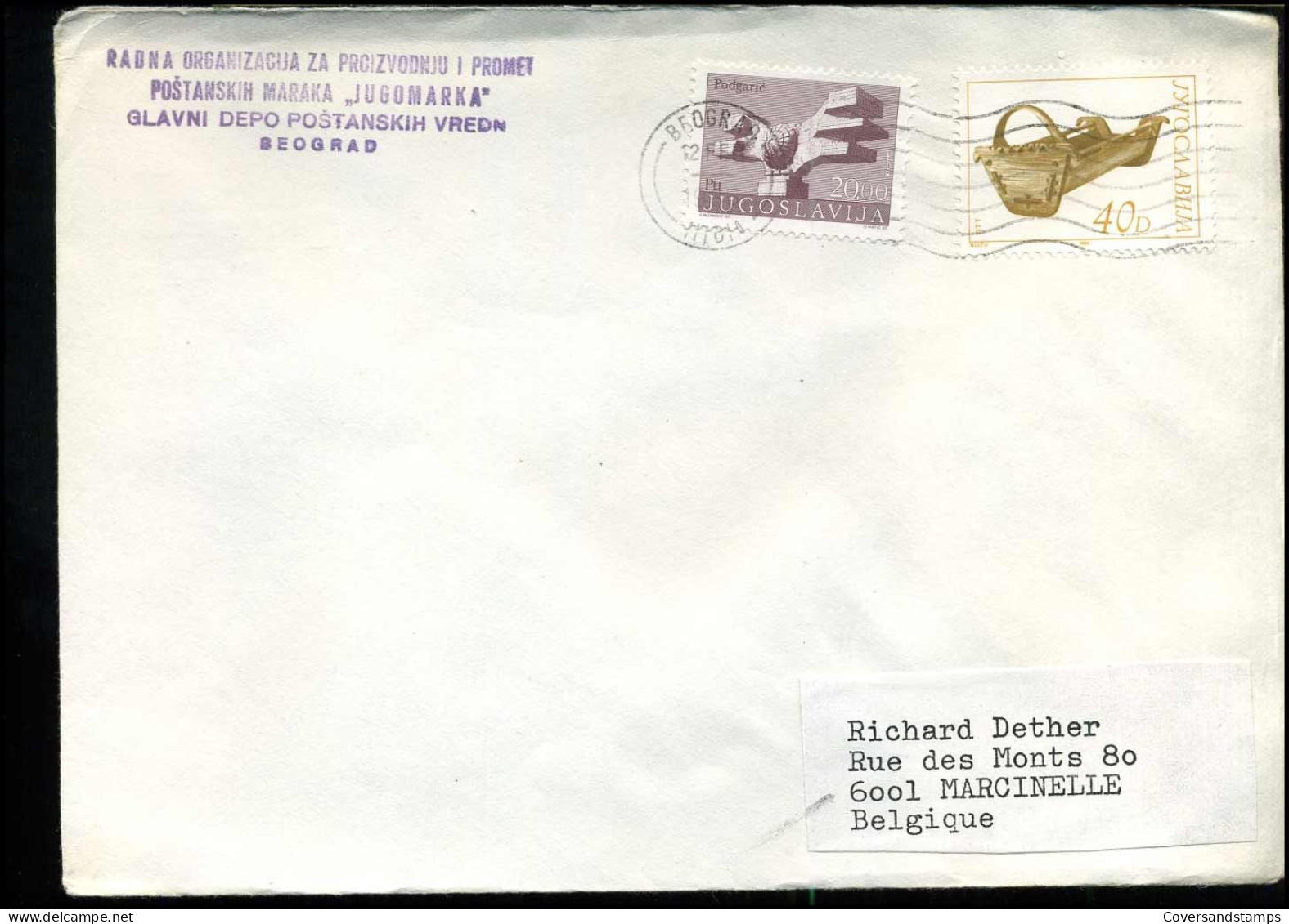 Cover From Yugoslavia To Marcinelle, Belgium - Covers & Documents