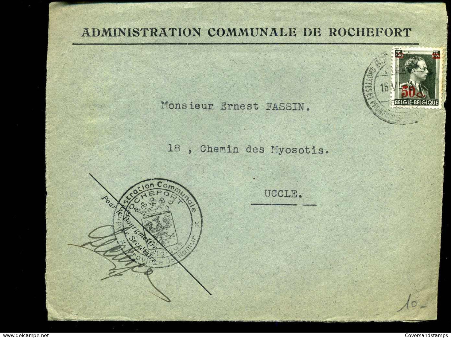 Coverfront Van Rochefort Naar Uccle - "Administration Communale De Rochefort" - Lettres & Documents