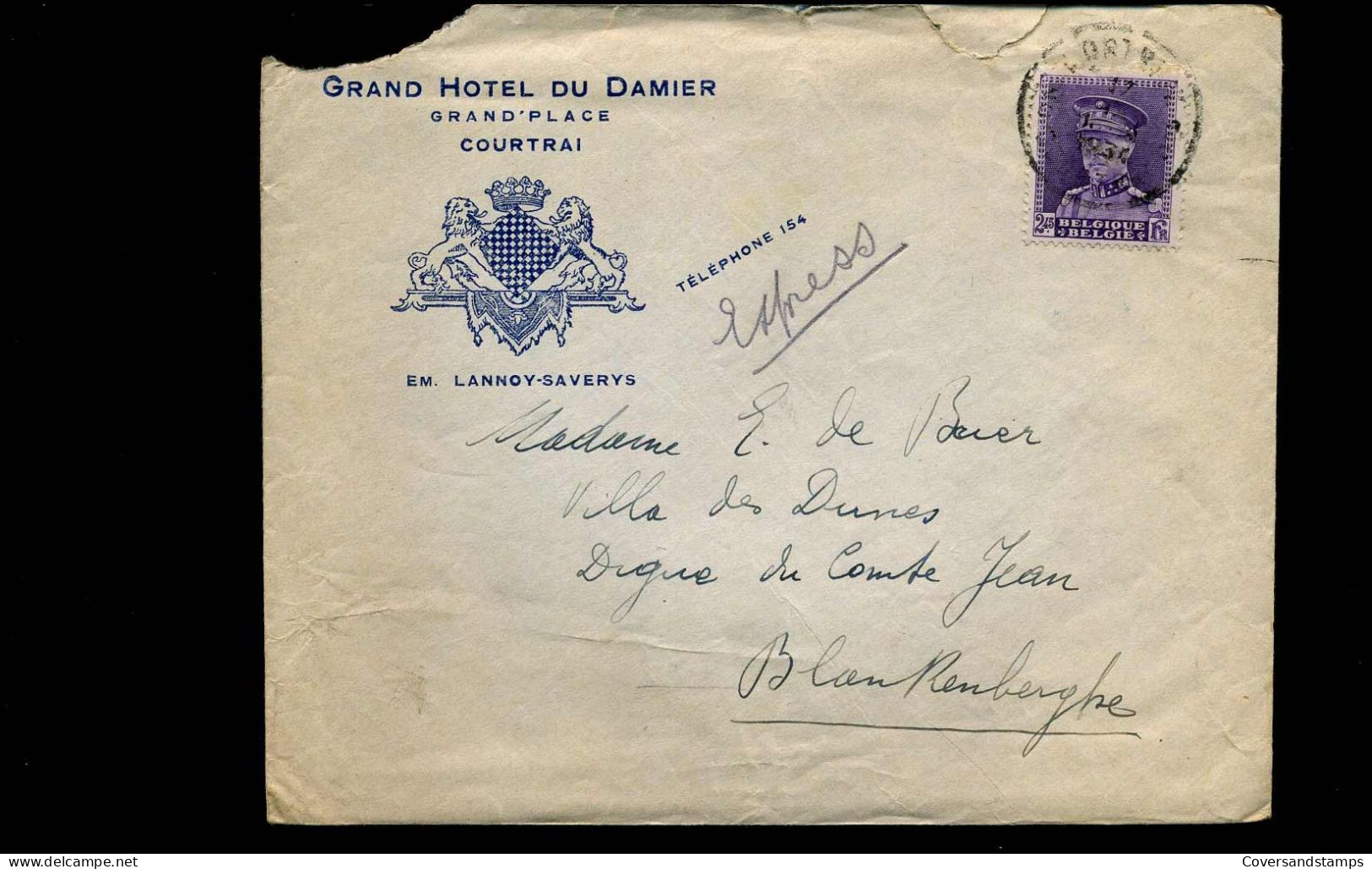 322 Op Brief Naar Blankenberge - "Grand Hotel Du Damier, Courtrai" - 1931-1934 Mütze (Képi)