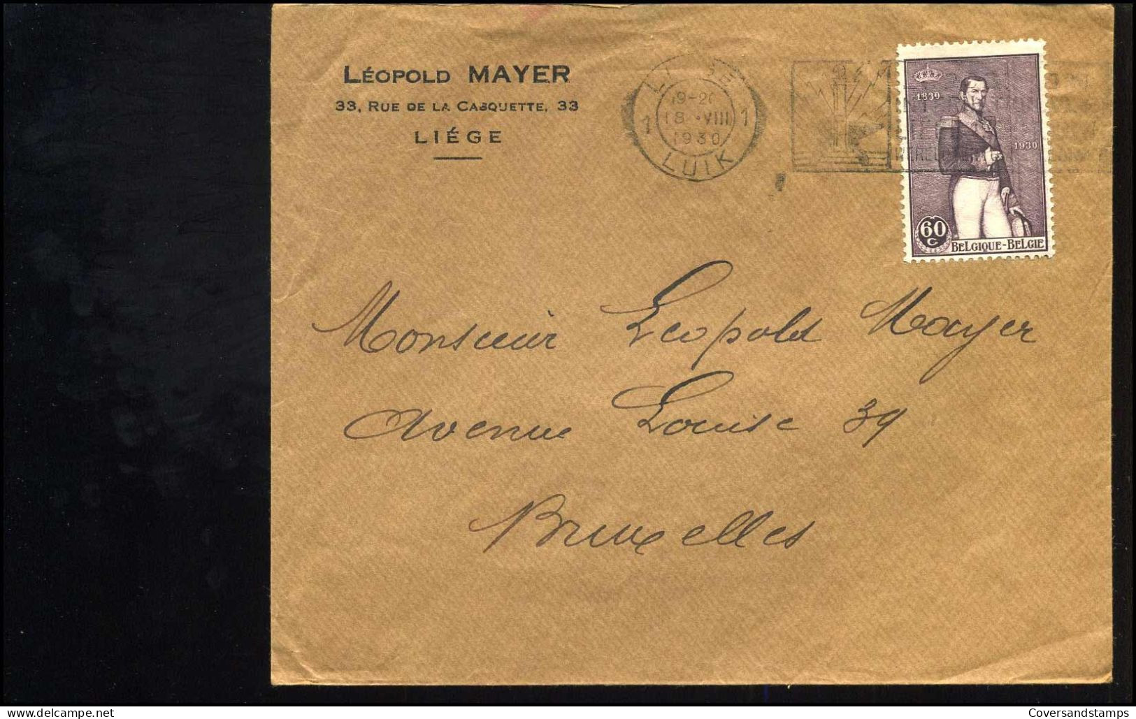 Cover Van Liège Naar Bruxelles - "Léopold Mayer, Liège" - 302 - Lettres & Documents