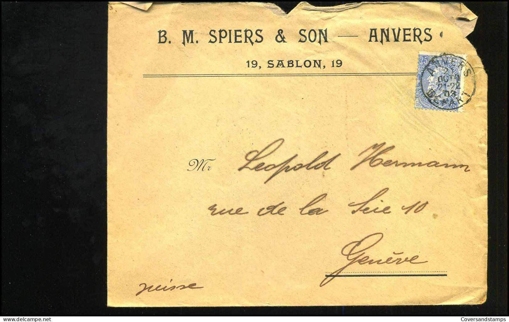 Cover Van Anvers Naar Genève, Zwitserland - "G.M. Spiers & Son - Anvers" - N° 60 - 1893-1900 Thin Beard