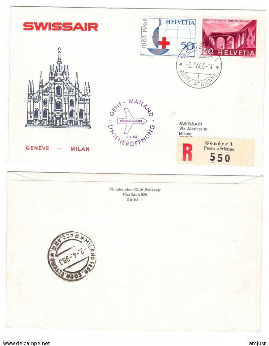 Suisse /Schweiz // Poste Aérienne // 1963 // Vol Genève-Milan 2.4.1963  (RF63.9) - Premiers Vols