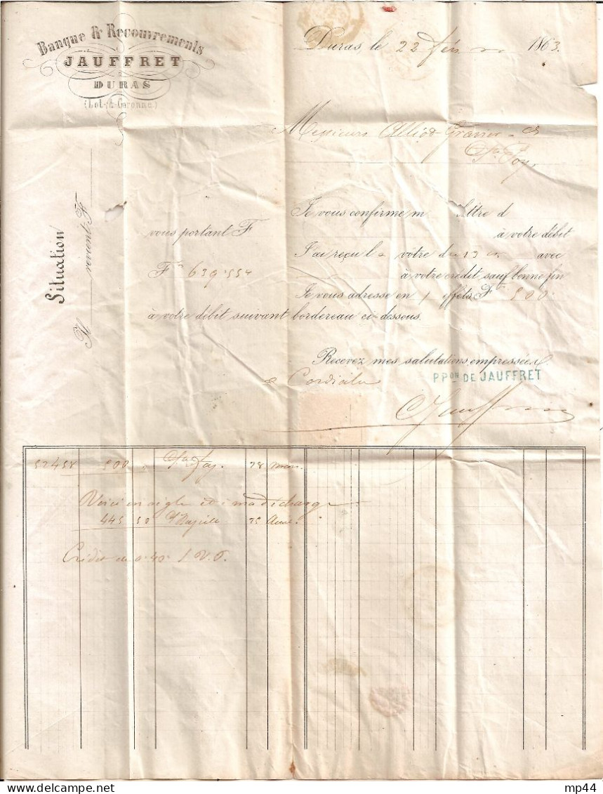 1J11 --- 47 DURAS GC Jauffret, Banque Et Recouvrements - 1849-1876: Période Classique