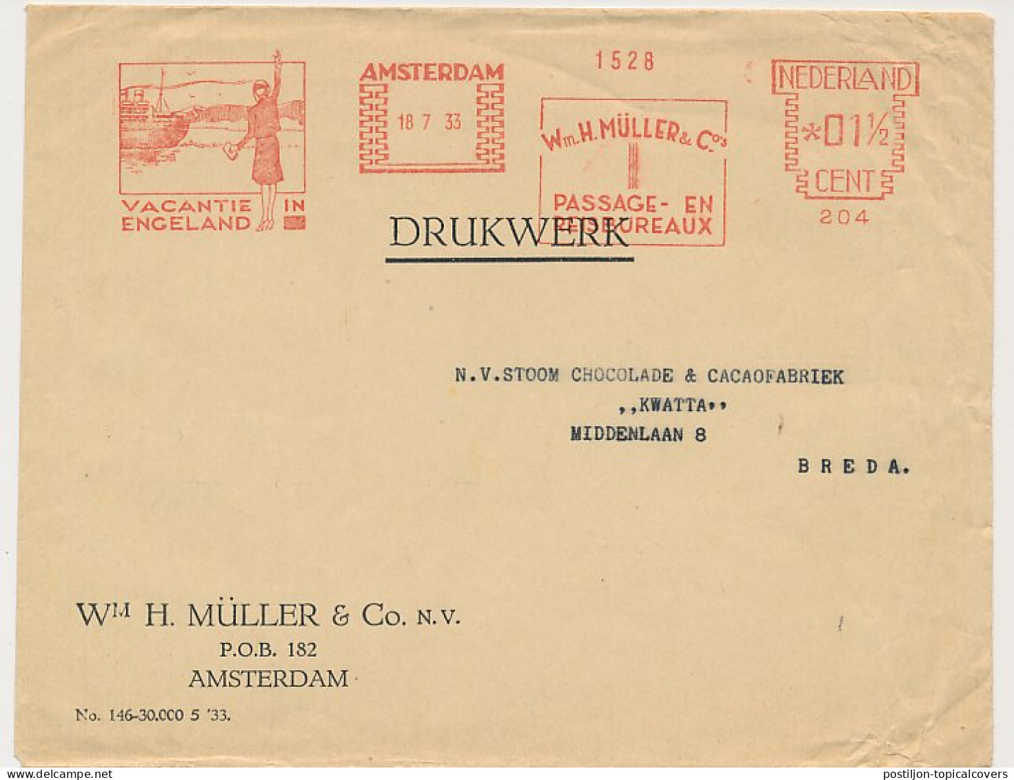 Meter Cover Netherlands 1933 Holiday In England - Boat - Travel Agency - Amsterdam - Autres & Non Classés