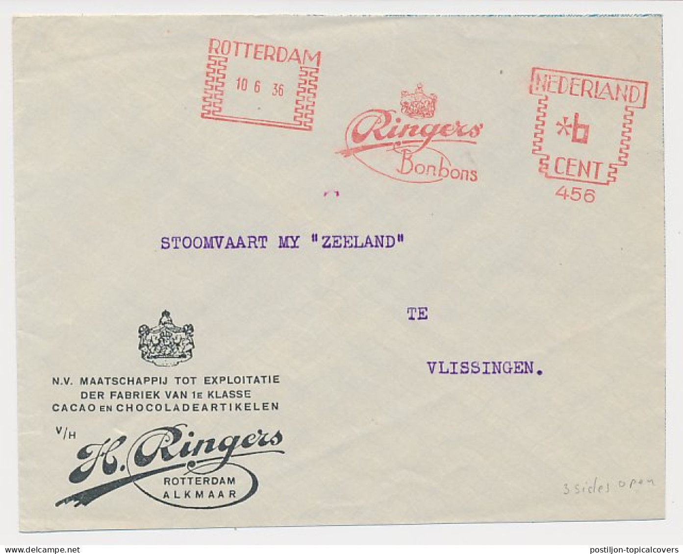 Meter Cover Netherlands 1936 Chocolate Factory Ringers - Bonbons - Rotterdam - Alimentation
