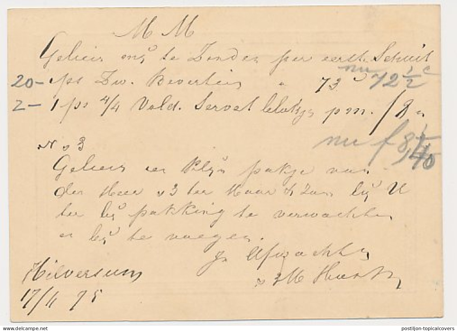 Trein Haltestempel Hilversum 1875 - Lettres & Documents