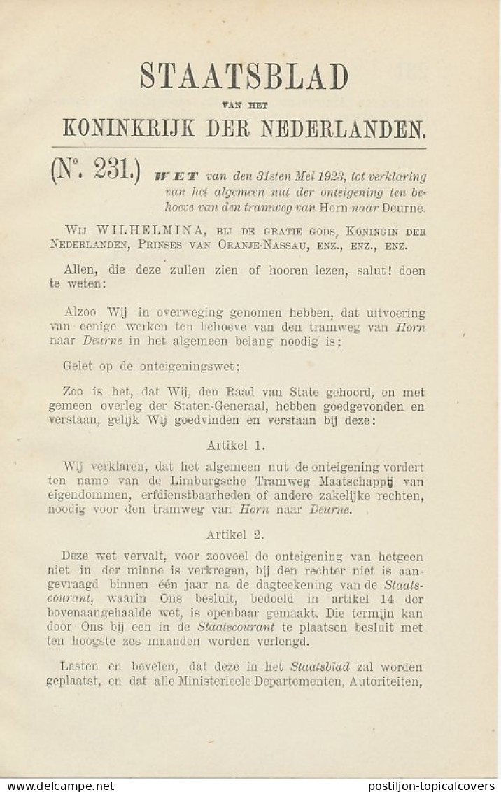 Staatsblad 1923 : Spoorlijn Horn - Deurne - Documents Historiques