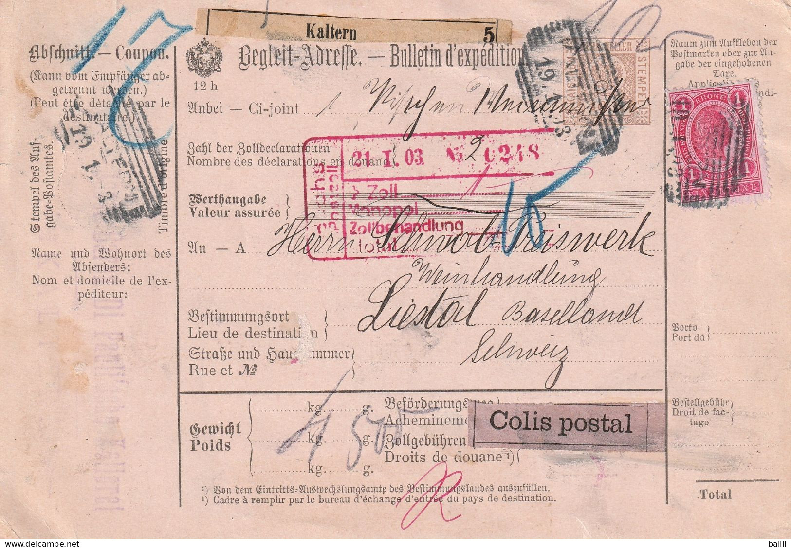 Autriche Bulletin D'expédition Kaltern Pour La Suisse 1913 - Lettres & Documents